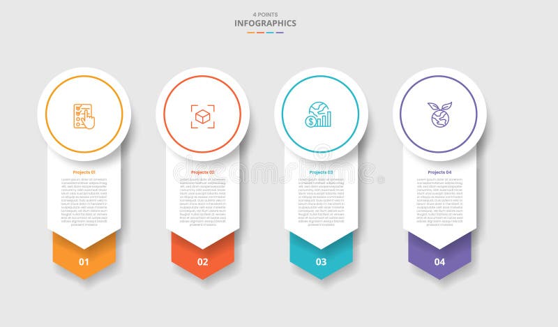 4 points template infographic with big circle header and arrow stacked bottom direction with drop shadow style with four stage vector illustration