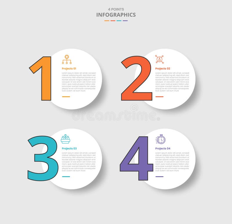 4 points template infographic with big circle with big number on left with drop shadow style with four stage list information royalty free illustration