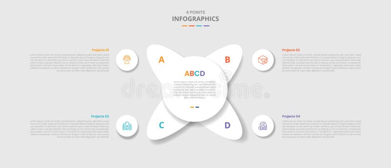 4 points template infographic with big circle and oval rotation on matrix quadrant with drop shadow style with four stage list vector illustration