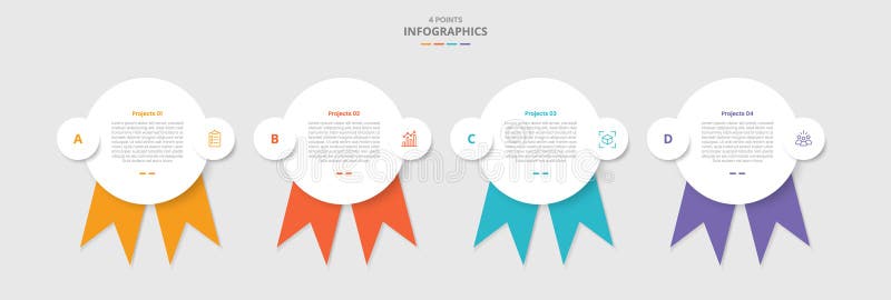 4 points template infographic with big circle and ribbon badge at bottom with drop shadow style with four stage list information stock illustration