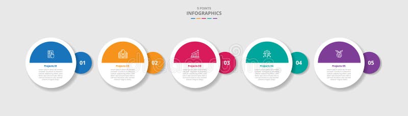 5 points template infographic with big circle and small badge with bold half circle with drop shadow style with four stage list vector illustration