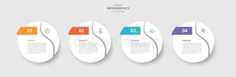 4 points template infographic with big circle swirl curve slice at edge with drop shadow style with four stage list information stock illustration
