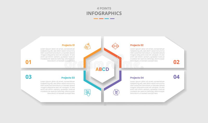 4 points template infographic with big matrix shape with hexagon center with drop shadow style with four stage list information vector illustration