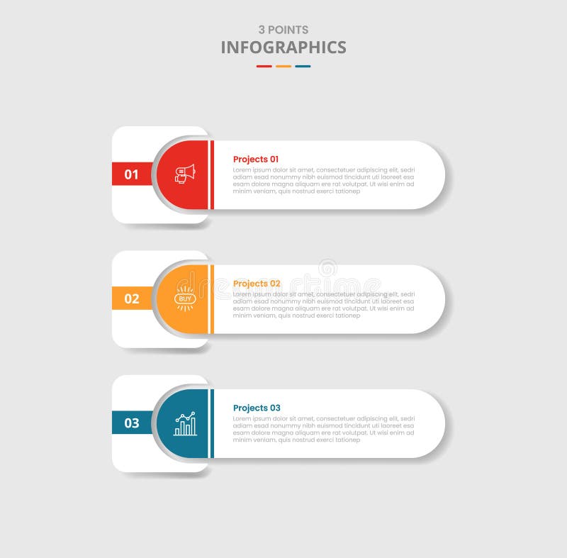 3 points template infographic with big round rectangle with square shape slice edge with drop shadow style with three stage list vector illustration