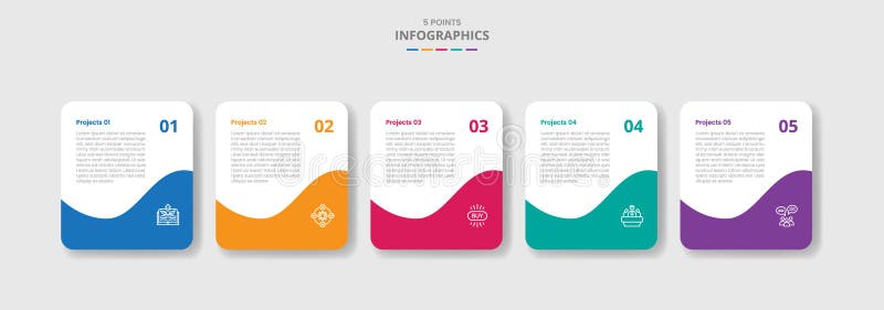 5 points template infographic with box container with swirl bottom accessories with drop shadow style with four stage list royalty free illustration