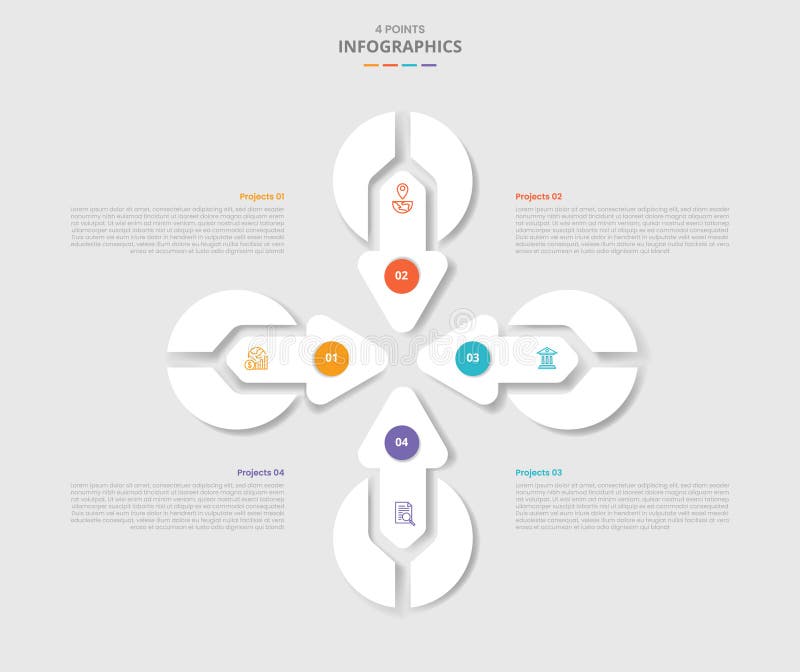 4 points template infographic with circle arrow centered point on center with drop shadow style with four stage list information vector illustration
