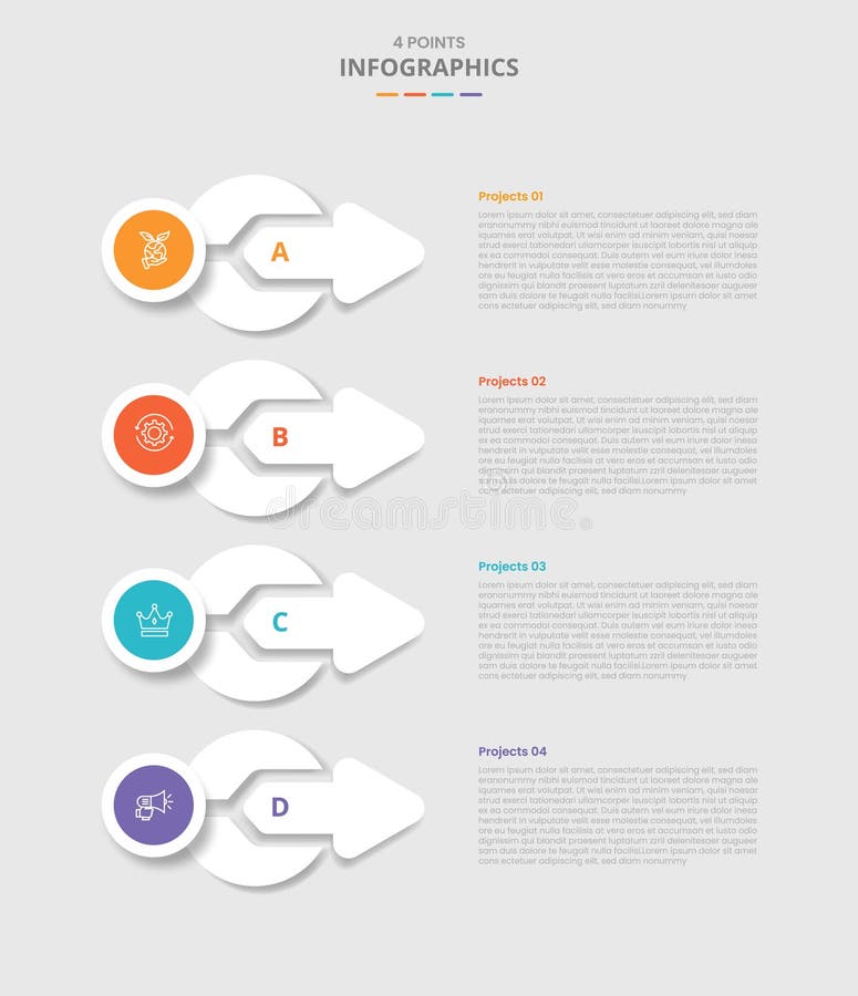 4 points template infographic with circle arrow merge shape on stacked list with drop shadow style with four stage list royalty free illustration