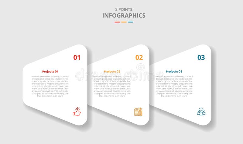 3 points template infographic with creative round triangle stacked layer on horizontal direction with drop shadow style with three royalty free illustration