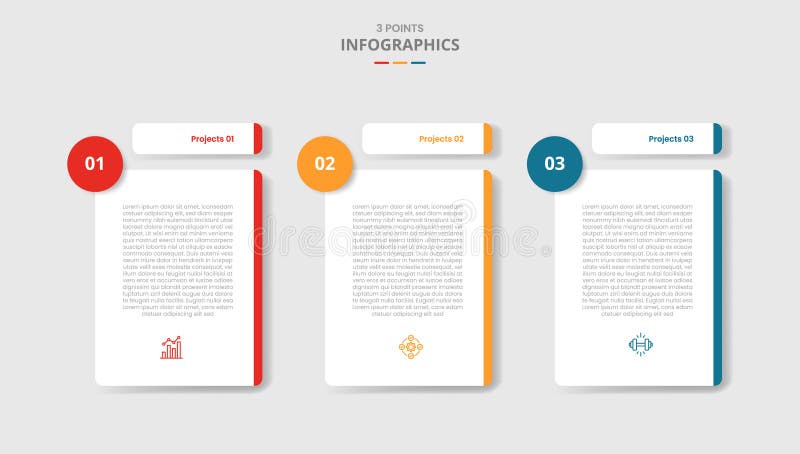 3 points template infographic with creative table separated header with circle badge with drop shadow style with three stage list stock illustration