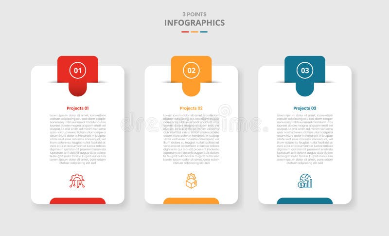3 points template infographic with with drop shadow style with vertical round box with round badge header creative three stage royalty free illustration