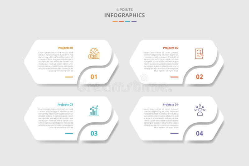 4 points template infographic with long hexagon shape with swirl curve slice at bottom with drop shadow style with four stage list vector illustration