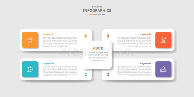4 points template infographic with long rectangle box on quadrant structure with drop shadow style with four stage list stock illustration