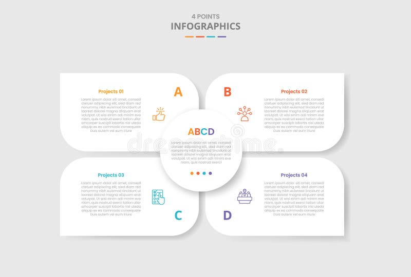 4 points template infographic with matrix base with circle center and sharp container box with drop shadow style with four stage stock illustration