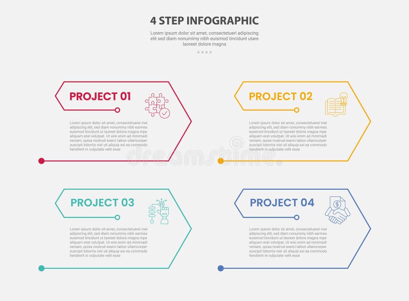 4 points template infographic outline style with 4 point step template with arrow edge with open slice shape for slide stock illustration