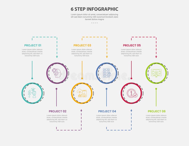 6 points template infographic outline style with 6 point step template with big circle and dotted line with up and down line stock illustration