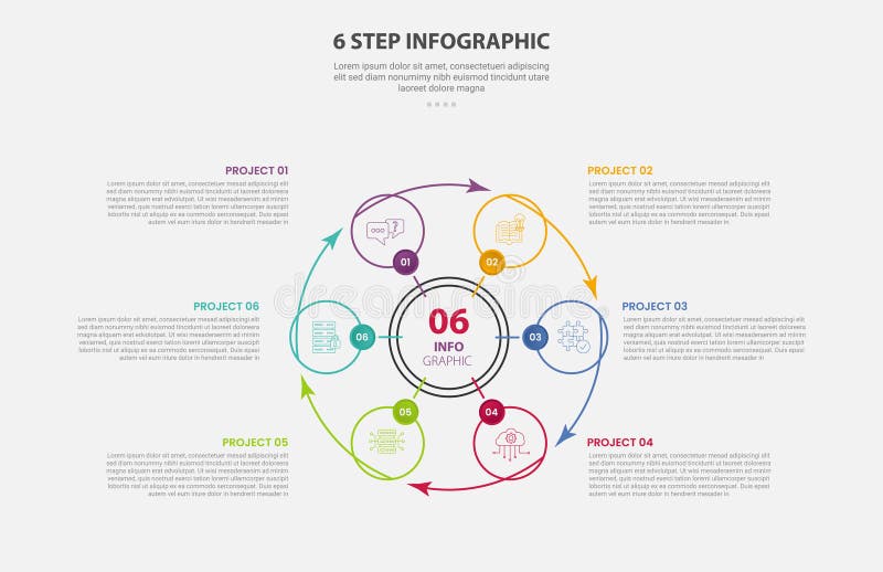 6 points template infographic outline style with 6 point step template with big circle and small structure with arrow line royalty free illustration