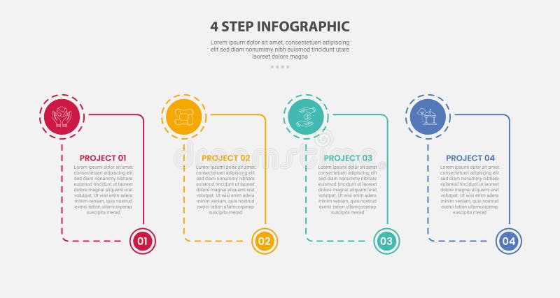 4 points template infographic outline style with 4 point step template with box container with circle and bottom header vector illustration