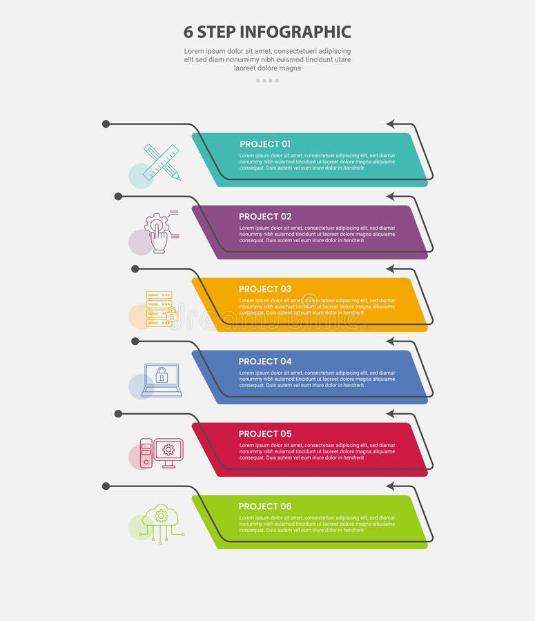 6 points template infographic outline style with 6 point step template with creative open box container with arrow line on vector illustration