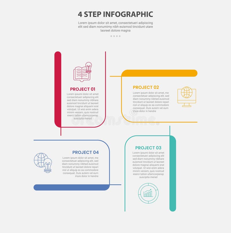 4 points template infographic outline style with 4 point step template with creative rectangle box circular cycle base center for vector illustration