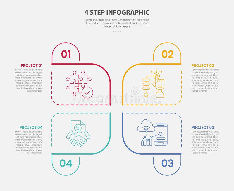 4 points template infographic outline style with 4 point step template with creative round center base with symmetric style for royalty free illustration