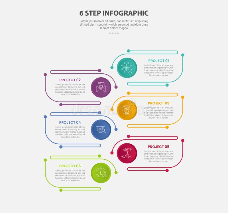 6 points template infographic outline style with 6 point step template with creative round rectangle with circle badge for slide stock illustration