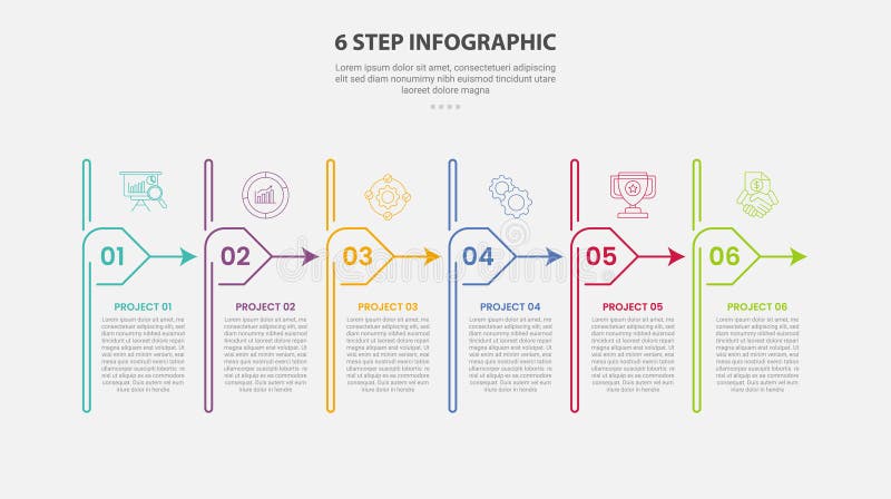6 points template infographic outline style with 6 point step template with creative table line with creative arrow continous vector illustration