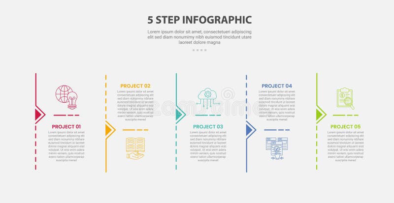 5 points template infographic outline style with 5 point step template with line divider vertical on timeline style for slide stock illustration