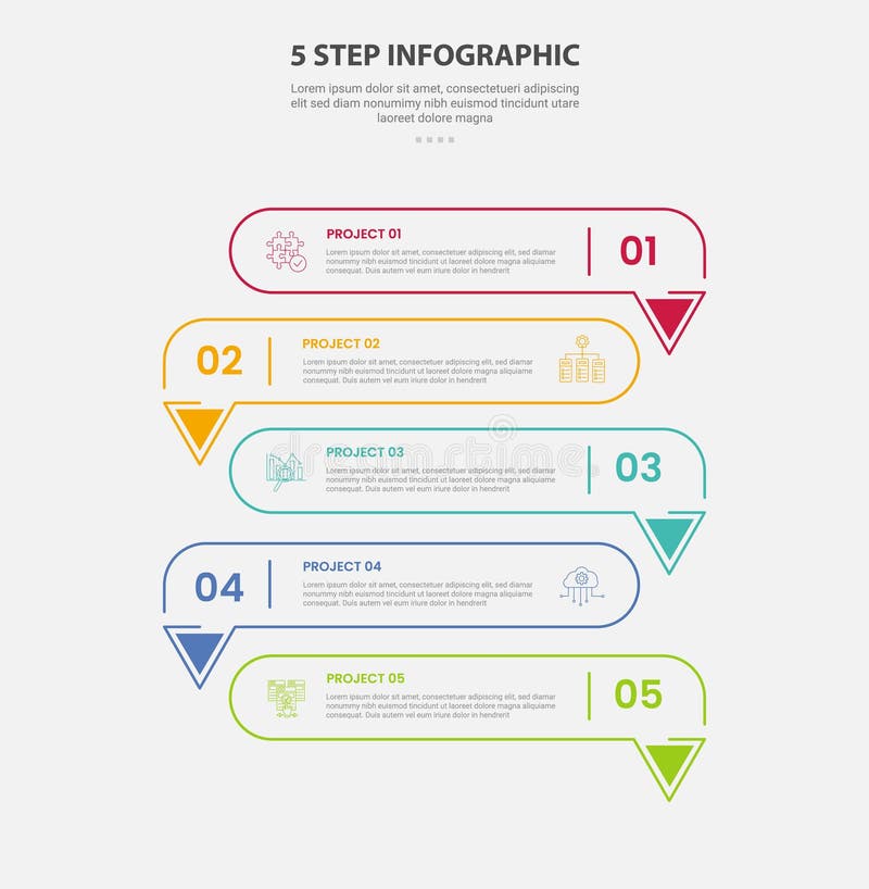 5 points template infographic outline style with 5 point step template with long round rectangle with arrow bottom direction royalty free illustration