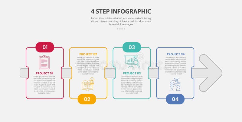4 points template infographic outline style with 4 point step template with rectangle box with arrow line through for slide royalty free illustration