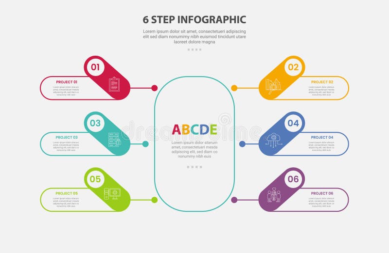 6 points template infographic outline style with 6 point step template with round rectangle base center and line connection for stock illustration