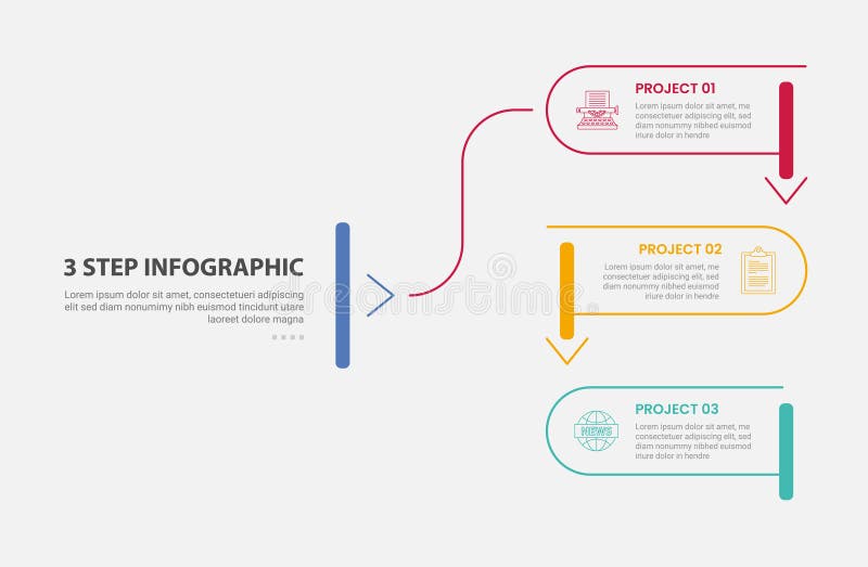 3 points template infographic outline style with 3 point step template with round rectangle line with slice and arrow bottom stock illustration