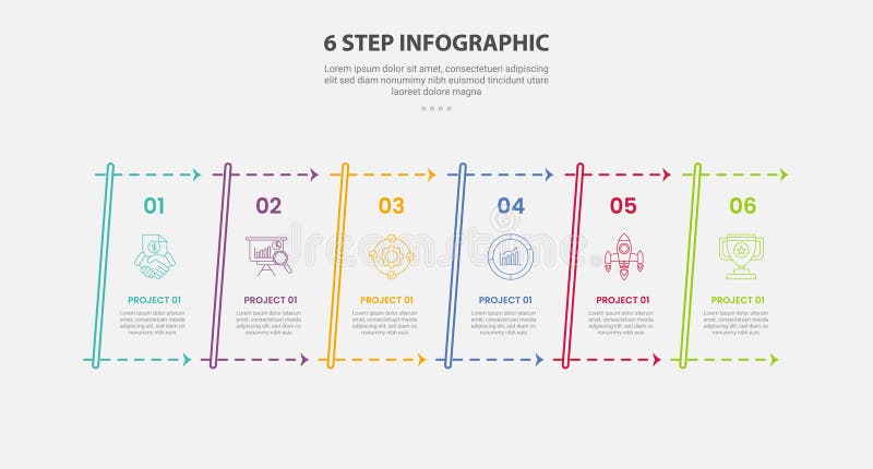 6 points template infographic outline style with 6 point step template with skew table with dotted arrow line for slide stock illustration