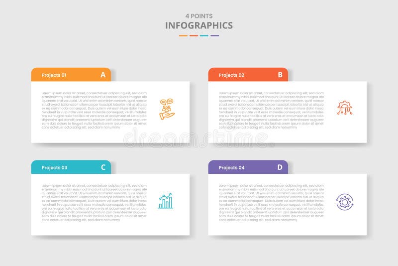 4 points template infographic with rectangle box with round header badge with drop shadow style with four stage list information royalty free illustration