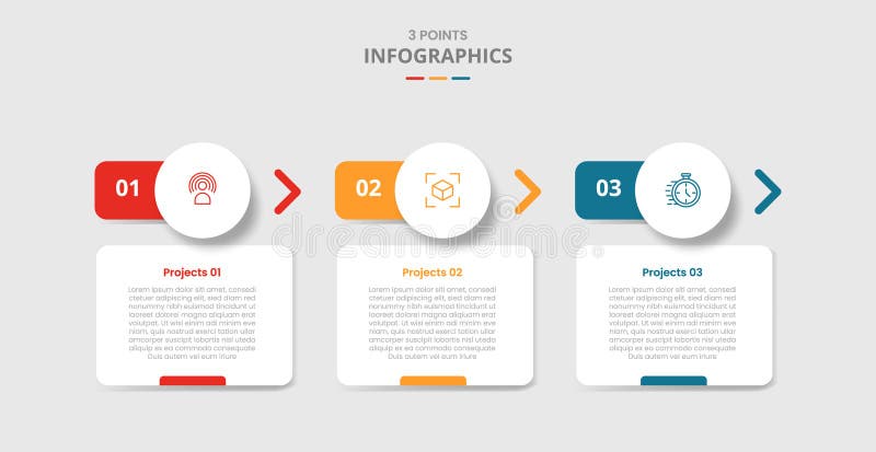 3 points template infographic with round box with circle header and arrow direction with drop shadow style with three stage list stock illustration