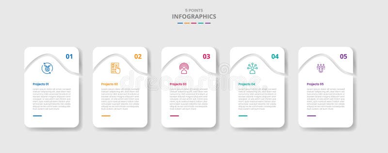 5 points template infographic with round box table with curve slice at header with drop shadow style with four stage list vector illustration