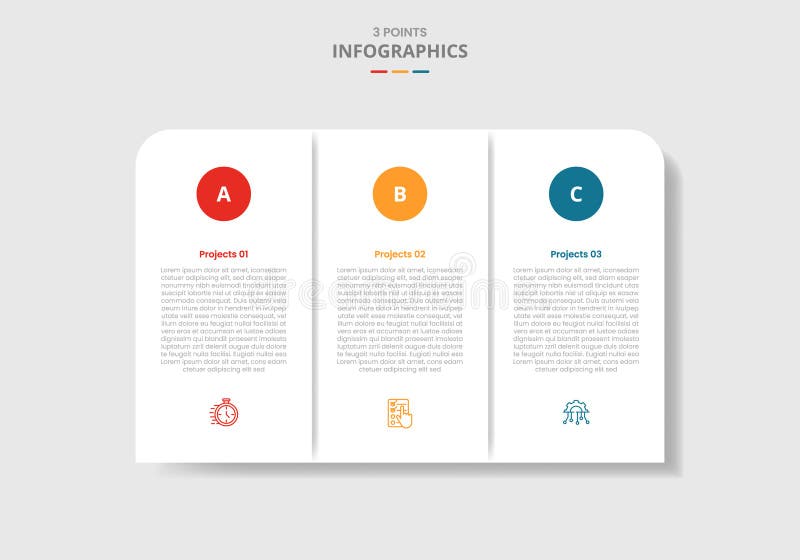 3 points template infographic with round box unite with circle badge on top with drop shadow style with three stage list stock illustration