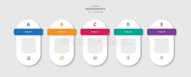 5 points template infographic with round capsule box container with rectangle badge header with drop shadow style with four stage royalty free illustration