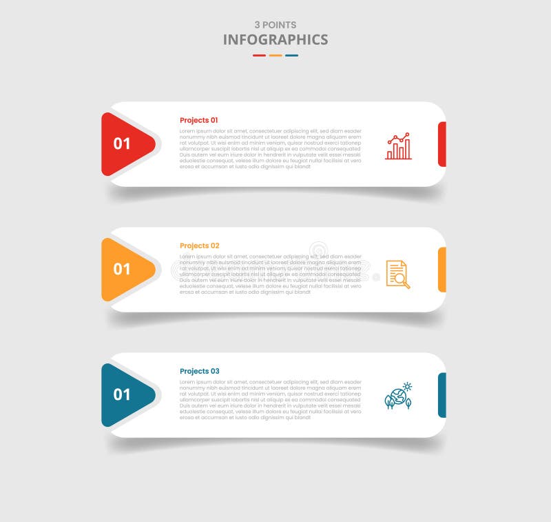 3 points template infographic with round rectangle box with arrow edge stacked list with drop shadow style with three stage list stock illustration