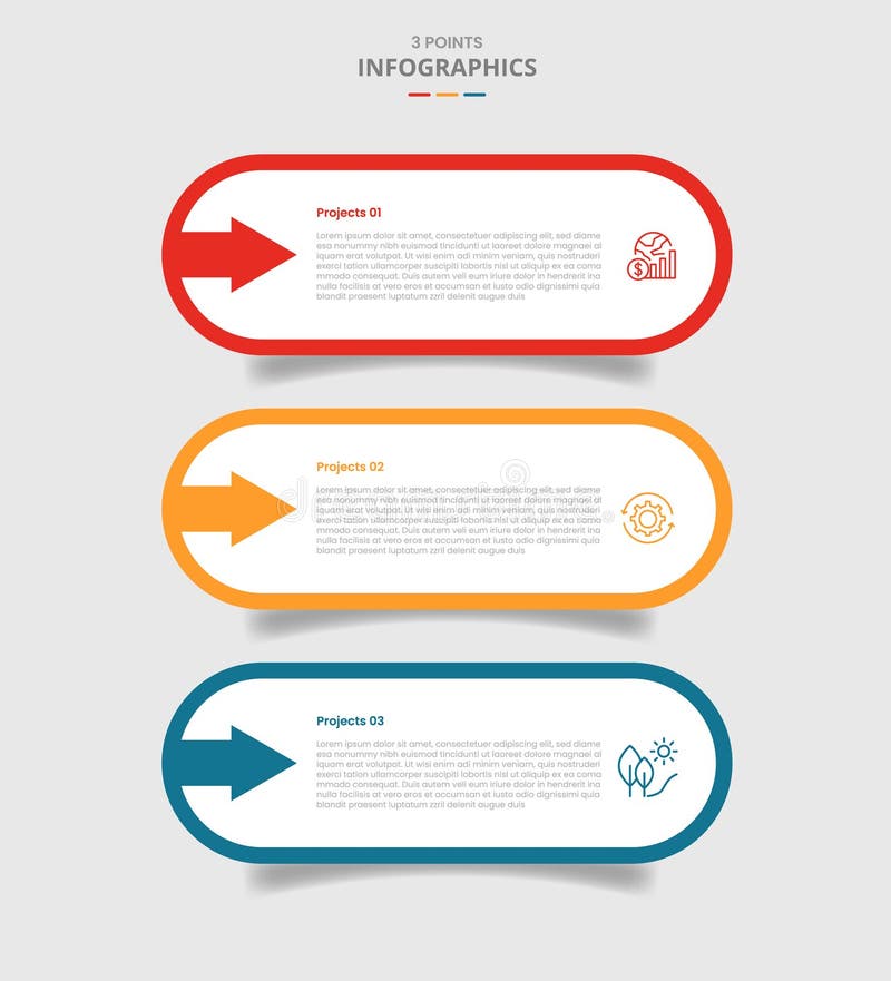 3 points template infographic with round rectangle box with arrow stacked with drop shadow style with three stage list information vector illustration