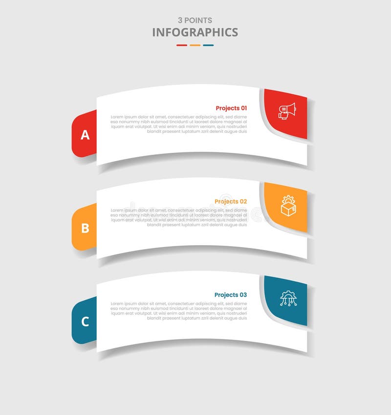 3 points template infographic with round rectangle box bending curve with drop shadow style with three stage list information stock illustration