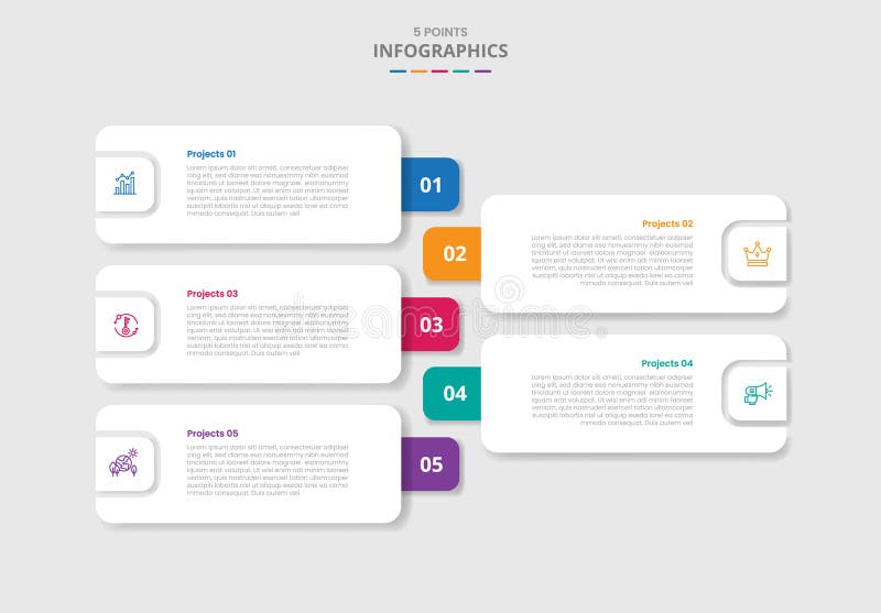 5 points template infographic with round rectangle box stacked list opposite direction with drop shadow style with four stage list vector illustration