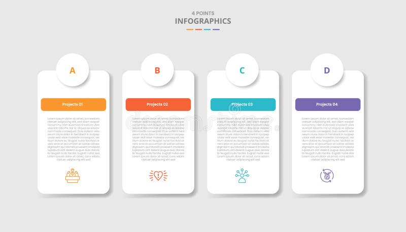 4 points template infographic with round rectangle box table with circle badge on top with drop shadow style with four stage list royalty free illustration
