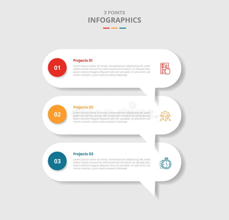 3 points template infographic with round rectangle discussion commentary box stacked list with drop shadow style with three stage stock illustration