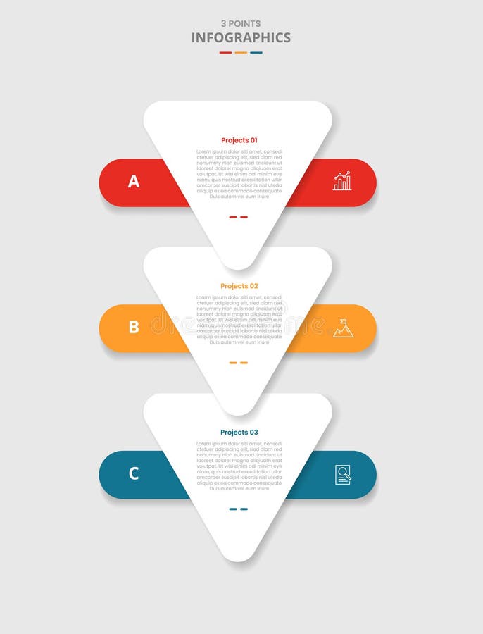 3 points template infographic with round triangle bottom direction with stacked list with drop shadow style with three stage list stock illustration
