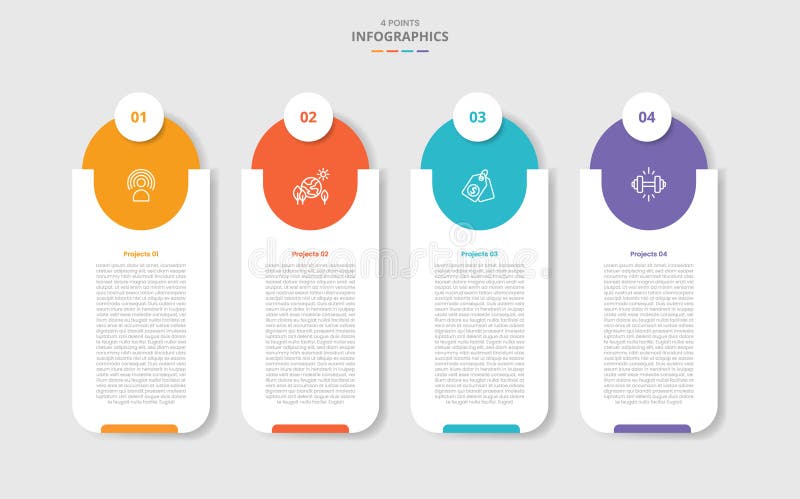 4 points template infographic with vertical round rectangle box with big top circle with drop shadow style with four stage list stock illustration