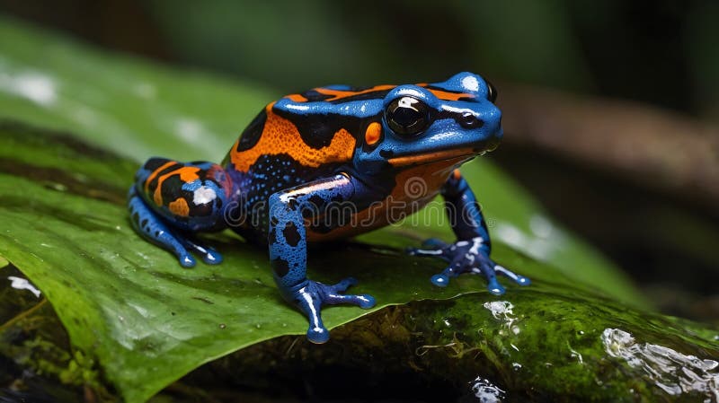Poison Dart Frog Hopping Over a Flowing Stream in Rainforest stock illustrationer