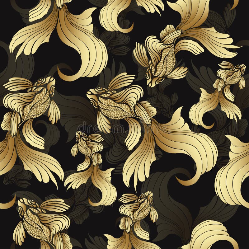Poissons d'or, modèle sans couture Les poissons abstraits décoratifs, avec les échelles d'or, ont courbé des ailerons sur le fond illustration de vecteur Poissons d'or, modèle sans couture Les poissons abstraits décoratifs, avec les échelles d'or, ont courbé des ailerons sur le fond illustration de vecteur