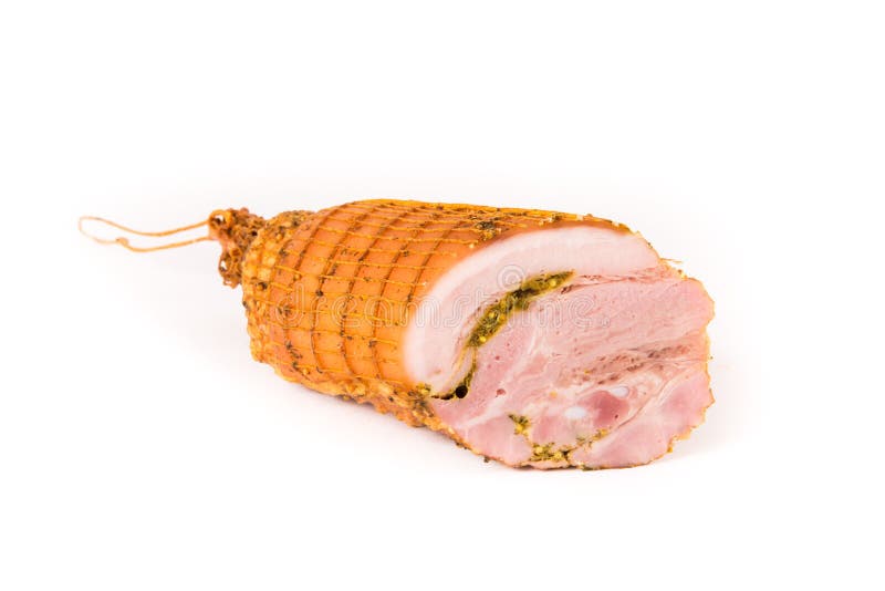 Poitrine fumée avec une couche de lard d'isolement sur le fond blanc Produits carnés images stock Poitrine fumée avec une couche de lard d'isolement sur le fond blanc Produits carnés images stock