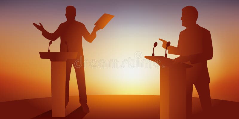Poj?cie polityczna debata z dwa przeciwnikami kt?re stawa? twarz? w twarz ich program za biurkami royalty ilustracja Poj?cie polityczna debata z dwa przeciwnikami kt?re stawa? twarz? w twarz ich program za biurkami royalty ilustracja