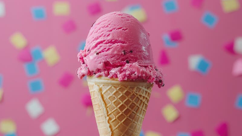 Pojedynczy różowy lody w stożku z konfetti. zdjęcie royalty free